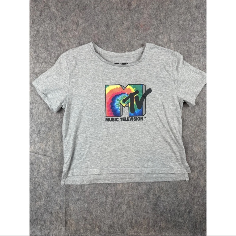 MTV T-Shirt Women's Medium Gray Cotton Tie Dye Logo Short‎ Sleeve Cropped Tee